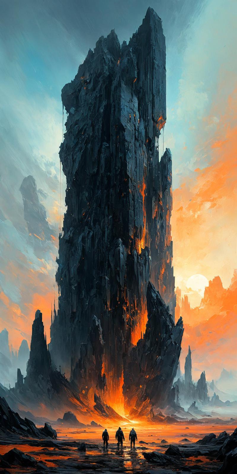 TheAramintaExperiment_Cv5_abstract oil paining with very large brush strokes,  by Aleksi Briclot and Ruan Jia and Filip Hodas and Android Jones, deep colours, gigantic scale, tiny tiny tiny figures approach a behemoth massive _20240626151010_0001.png